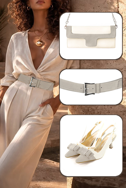Women's off white elegant slingback heels, with a bow on the front. Tapered toe. Medium spool heels - Worn view